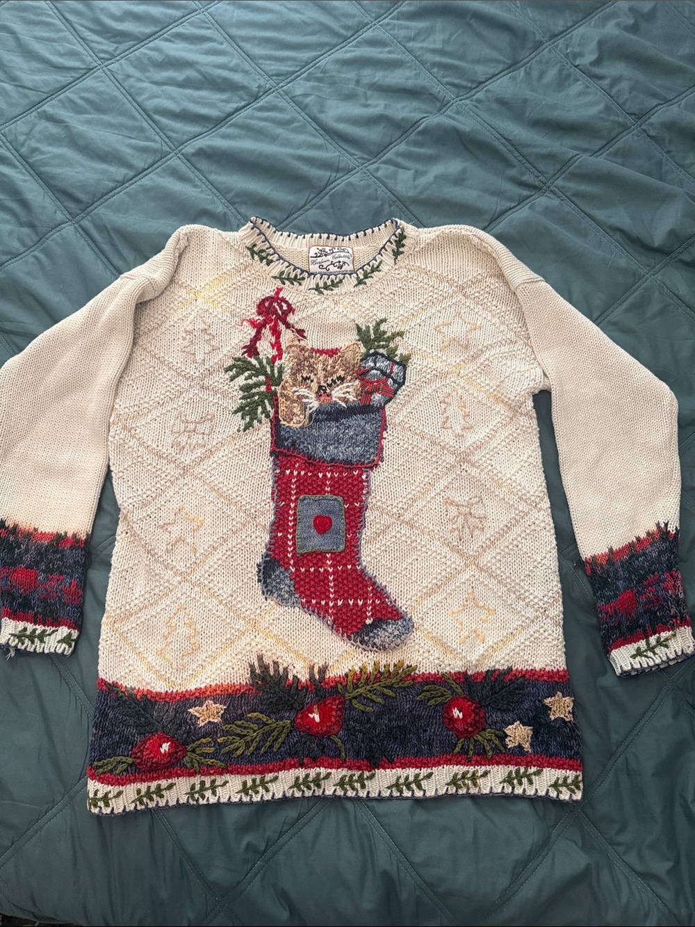 Vintage Holiday Cat Stocking Knit Sweater - Cream
